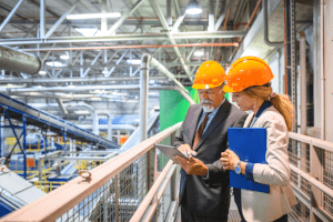 Eine Auditorin lässt sich von einem Lieferanten bei einem Betriebsrundgang die Produktion erklären.